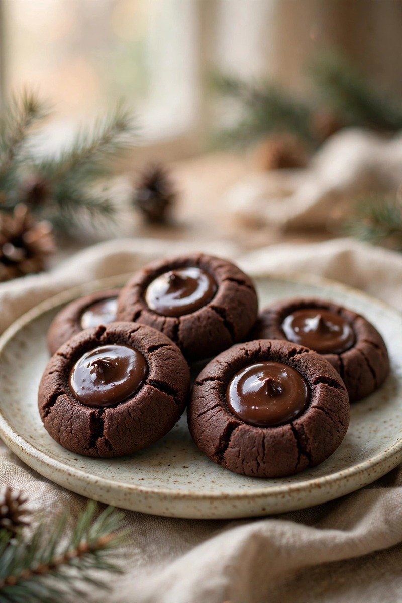 Chocolate thumbprint Christmas cookies filled with glossy ganache