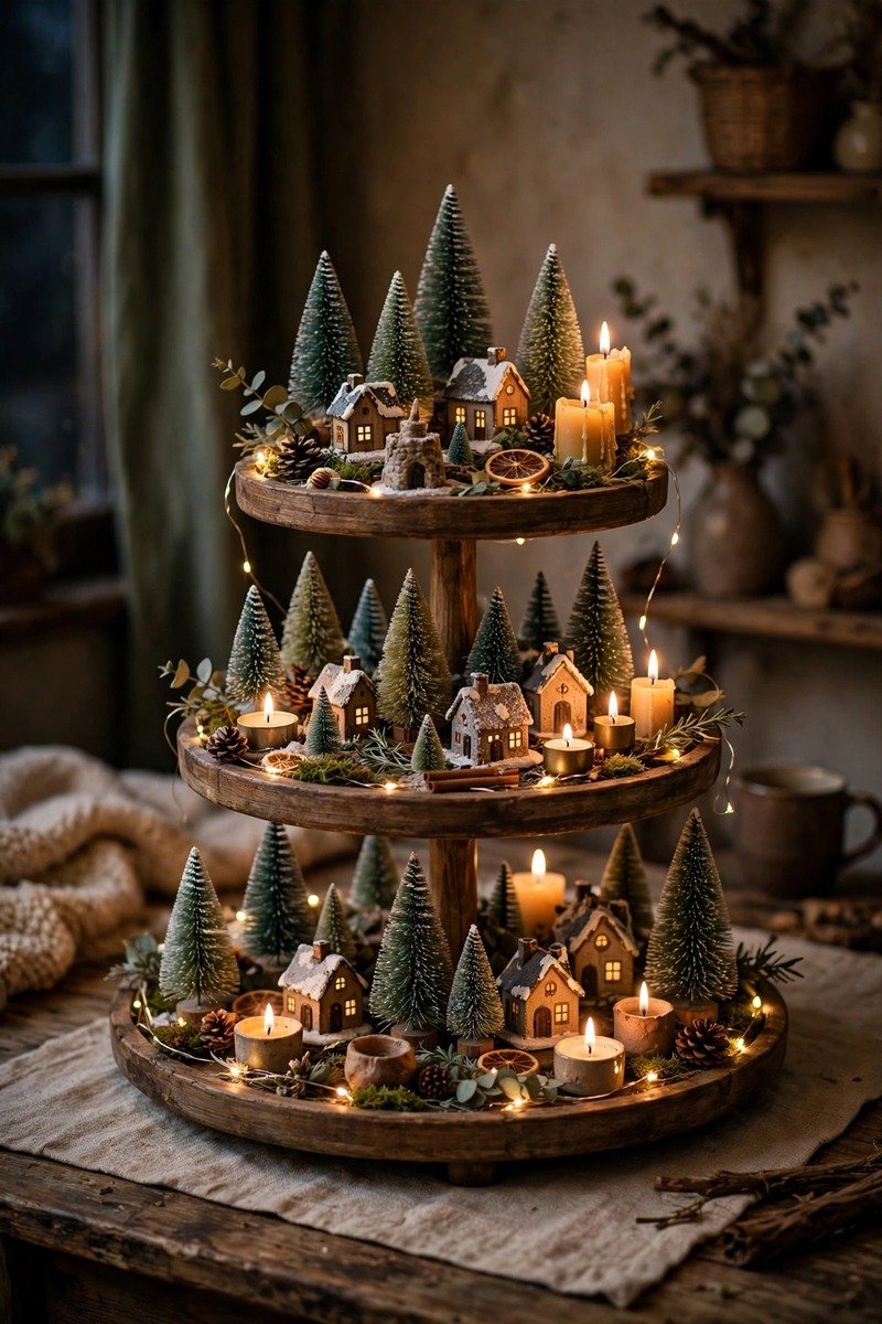 Tiered tray with Christmas village and bottle brush trees