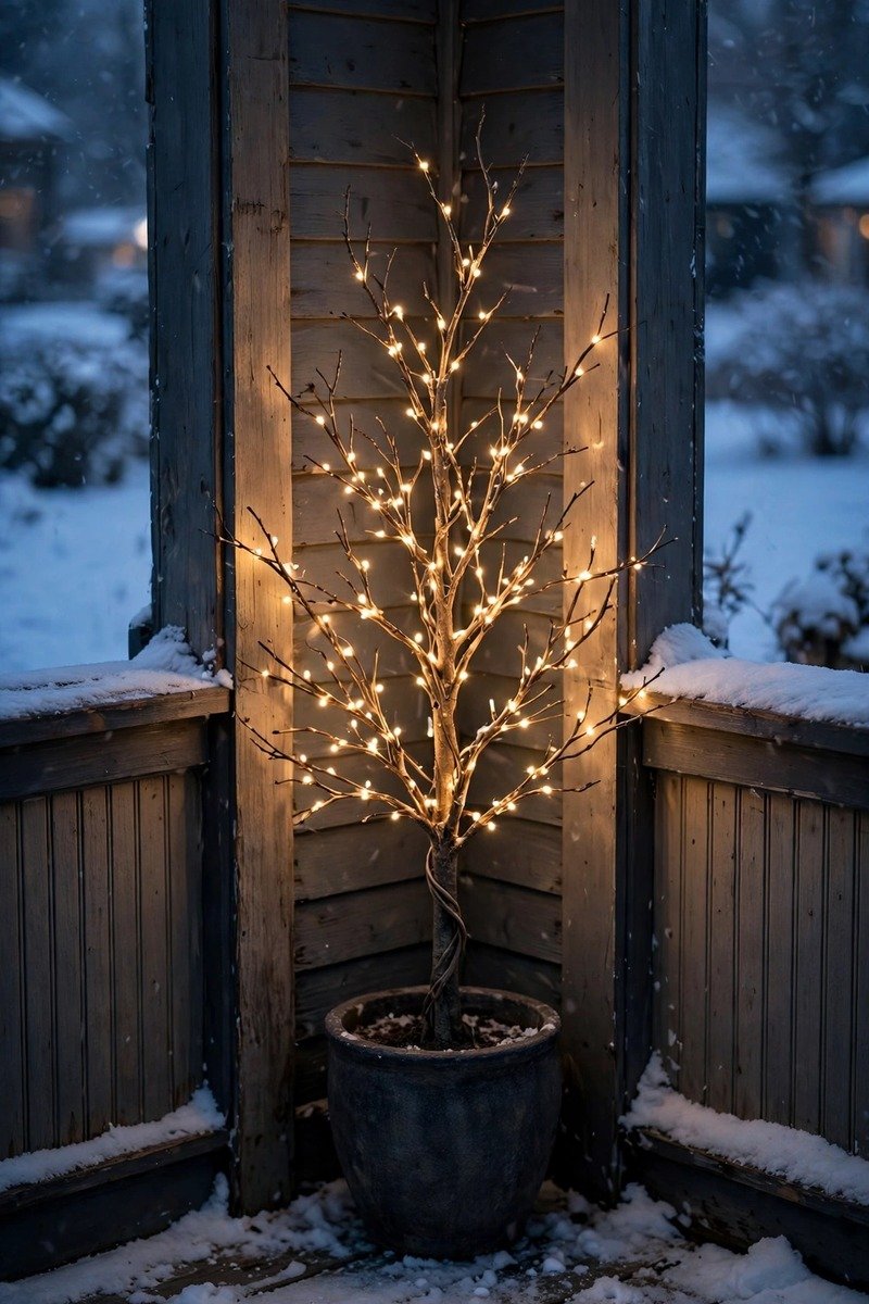 Lighted twig tree in a pot on a porch