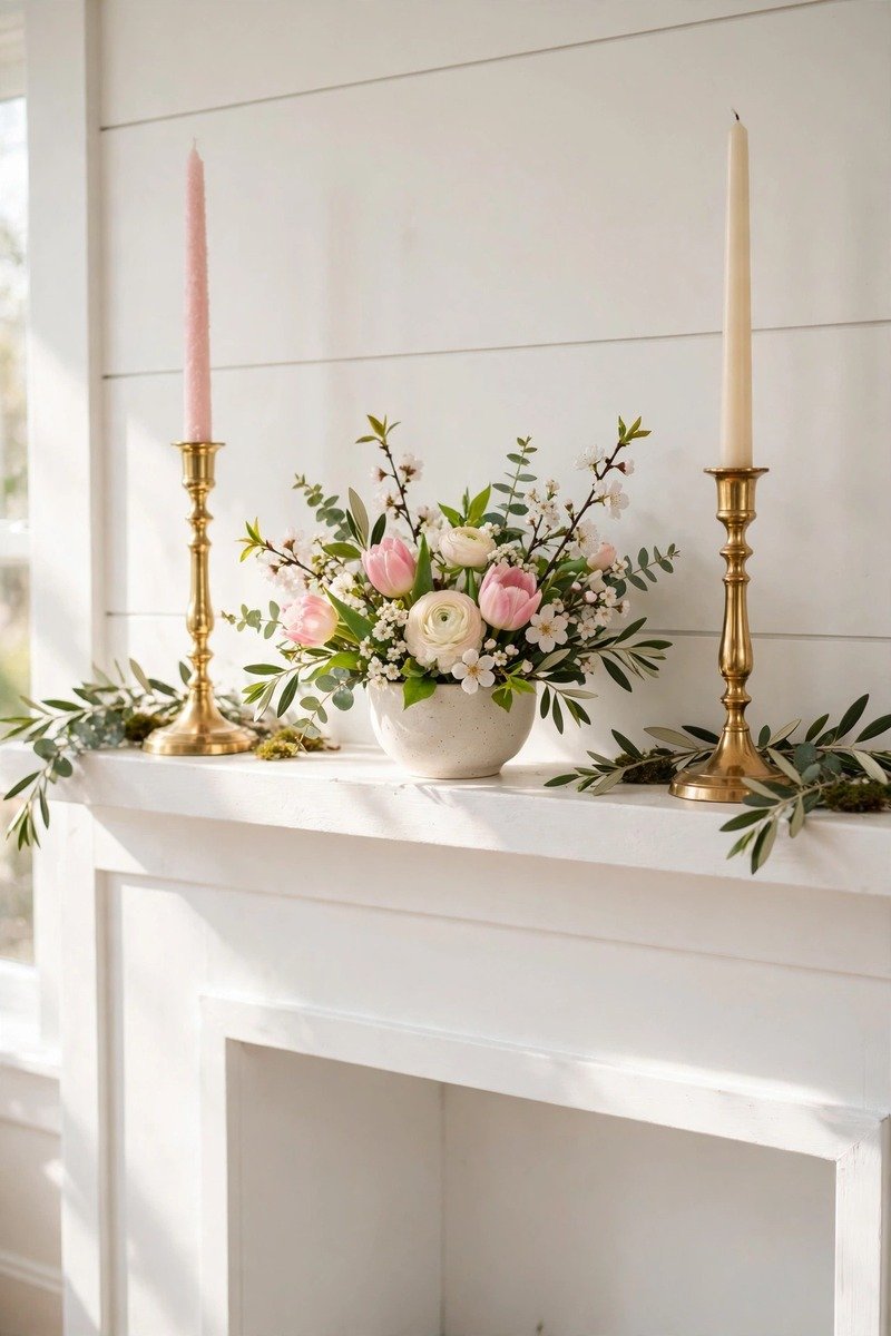 Brass candlesticks with pastel candles on a mantel