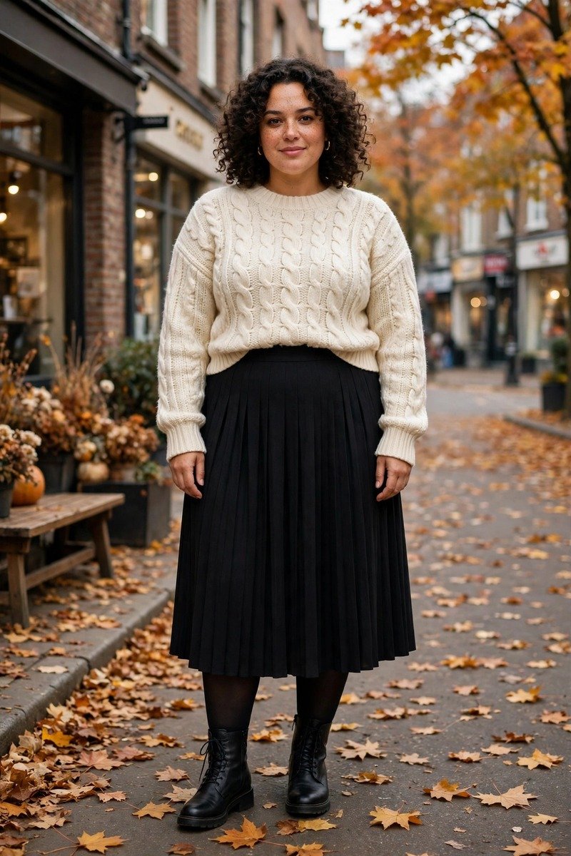 Pleated midi skirt with a cozy sweater