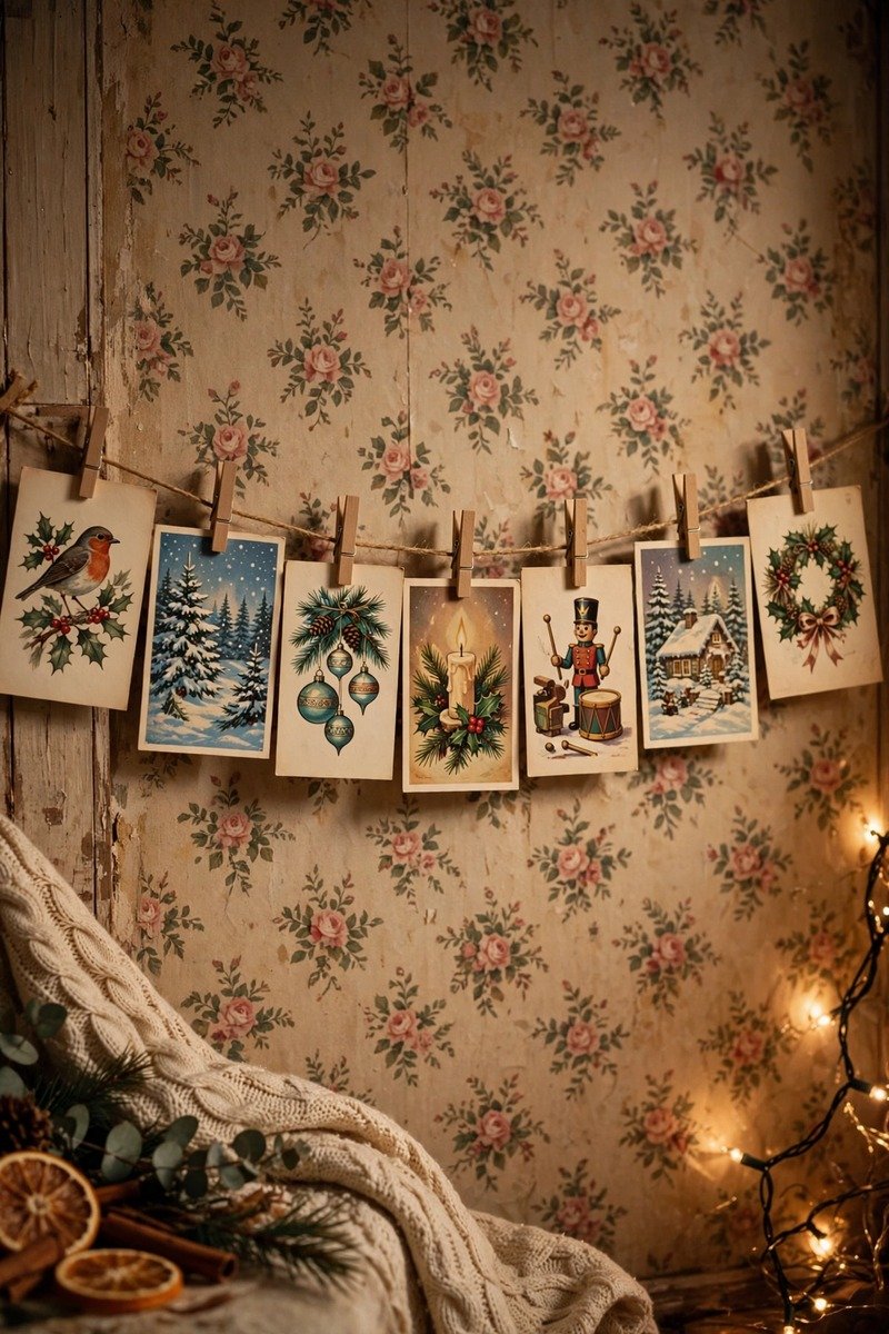 Vintage Christmas cards displayed on string with clothespins
