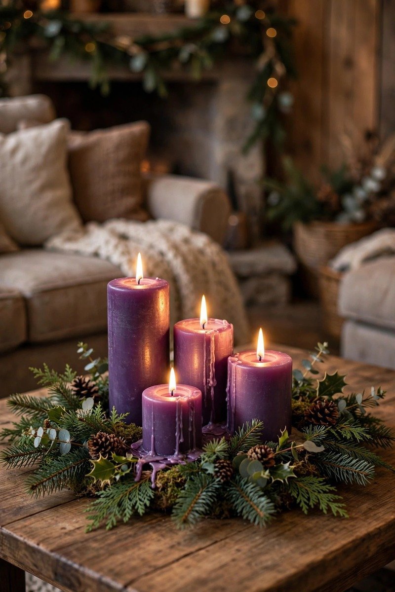 Cluster of purple pillar candles with evergreen sprigs on a coffee table