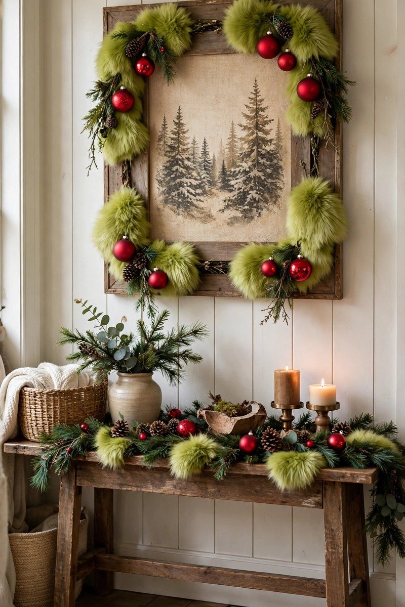 Green Grinch stockings with character faces hung on a mantel