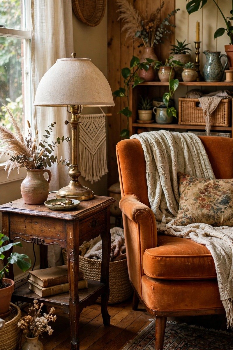 Living room mixing vintage finds like an antique trunk and retro lamp with modern sofa
