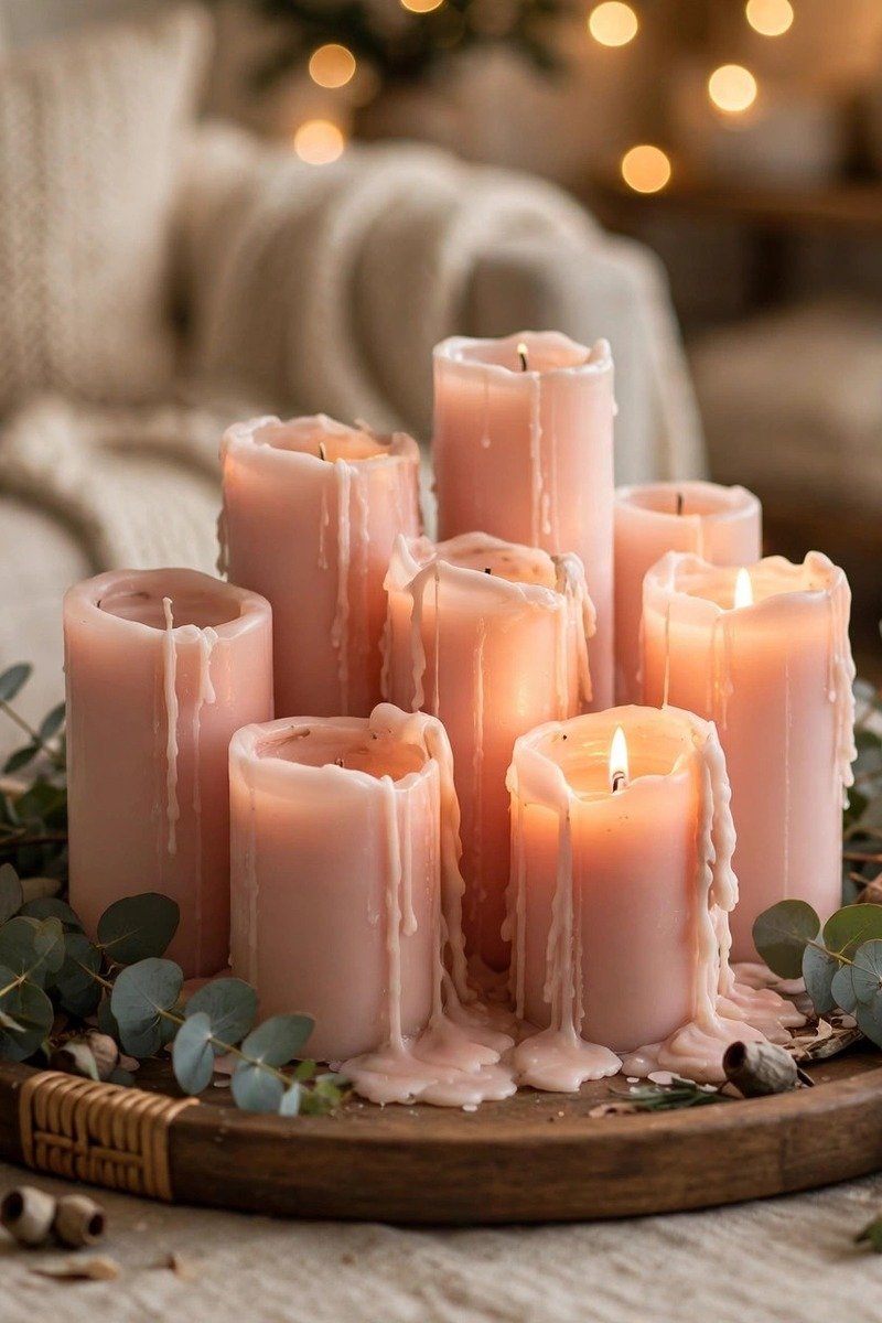 Cluster of blush pink candles with eucalyptus on a living room tray