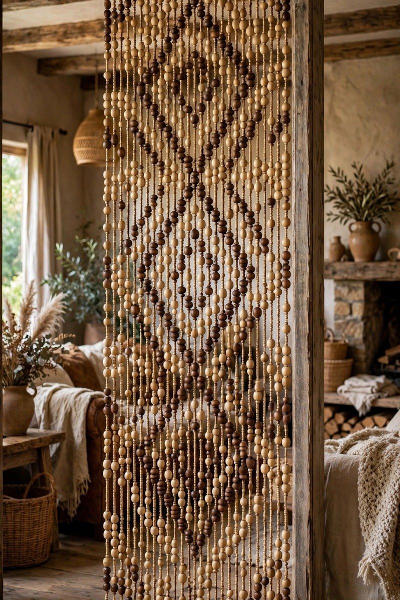 Bamboo beaded curtain mixing light and dark wood tone beads