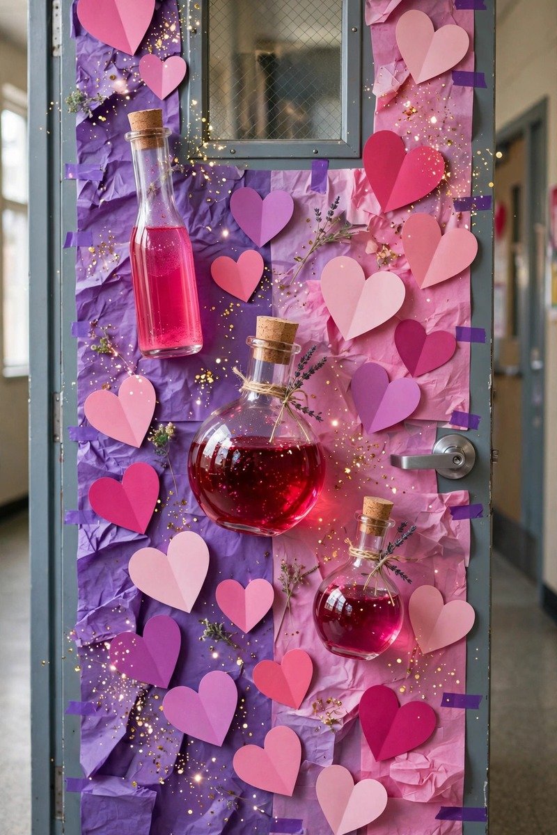Classroom door with love potion bottles and sparkles