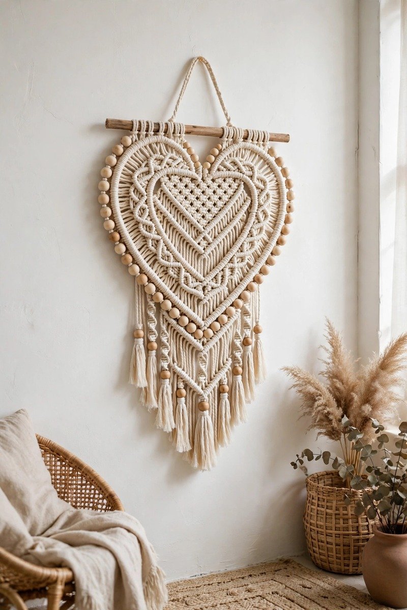 Macrame heart wall hanging in cream cotton cord