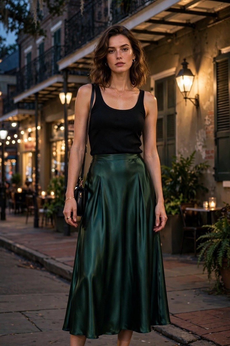Woman in a satin midi skirt and tank top at dinner