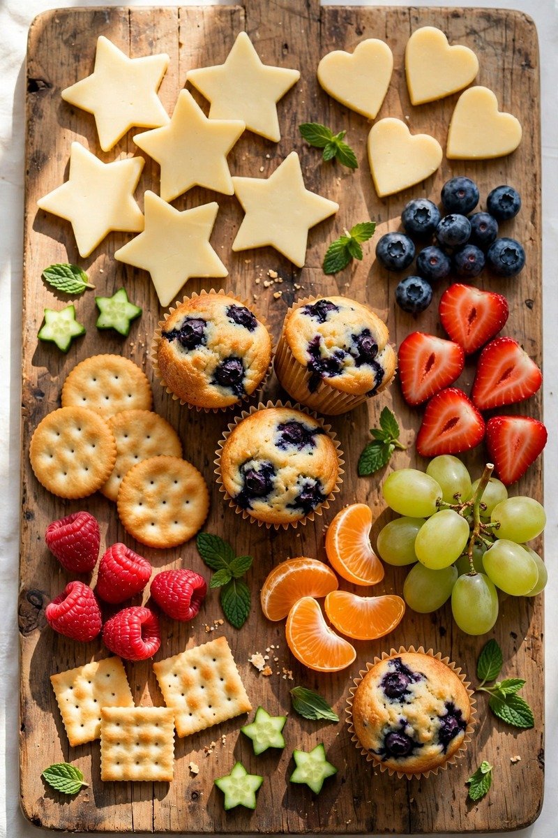 Kids' charcuterie board with fun shaped cheese