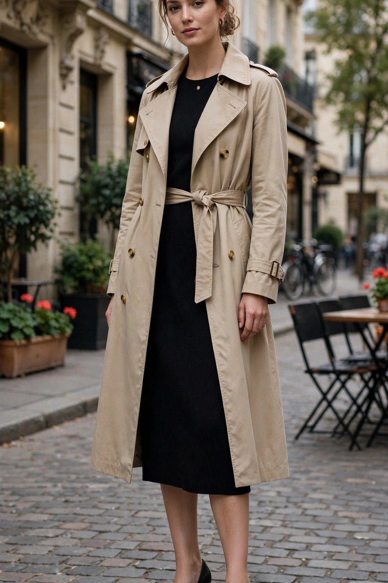 Woman in trench coat with midi dress and heels
