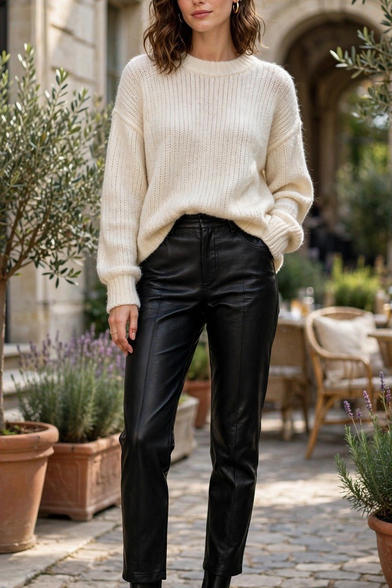 Woman in leather pants with cream sweater