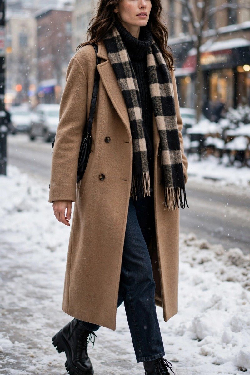 Woman in lug-sole boots with wool coat