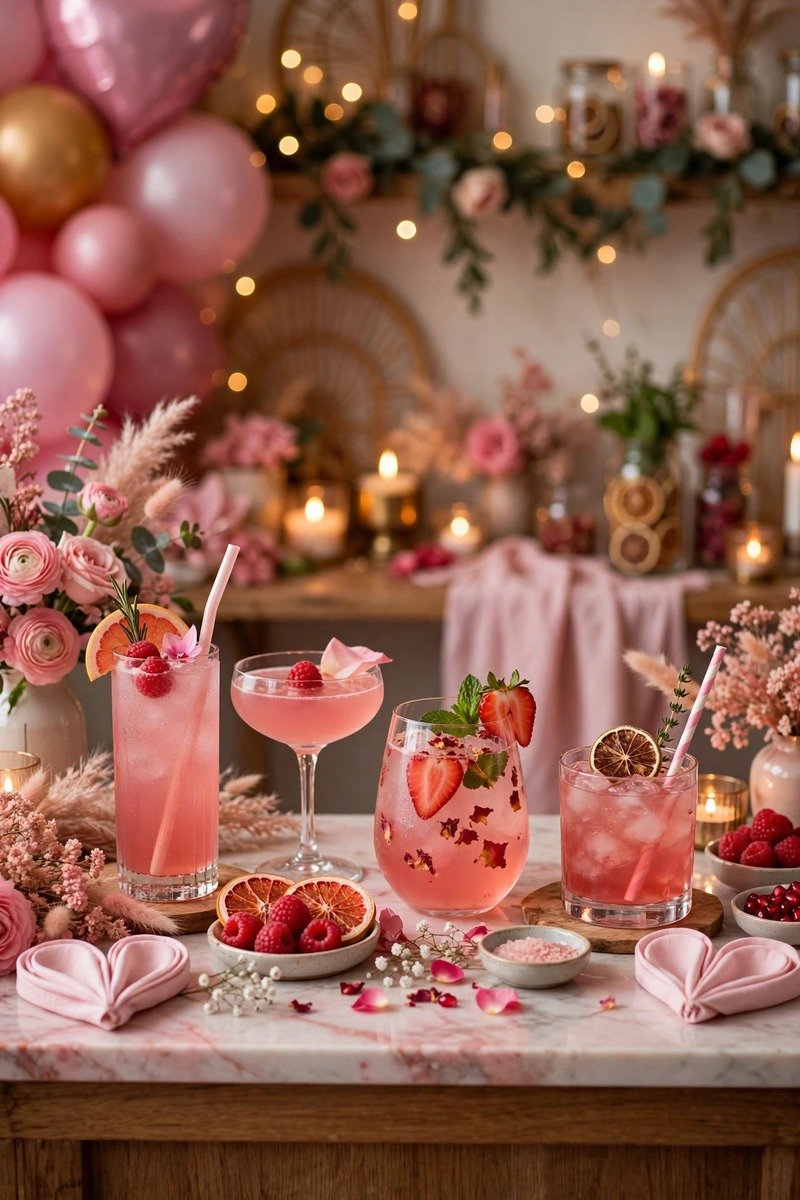 Pink cocktail and mocktail bar with garnishes
