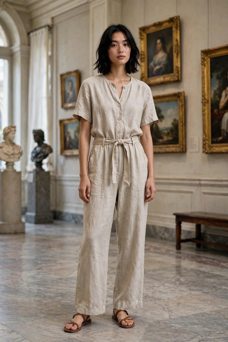 Woman in linen jumpsuit and sandals at a museum