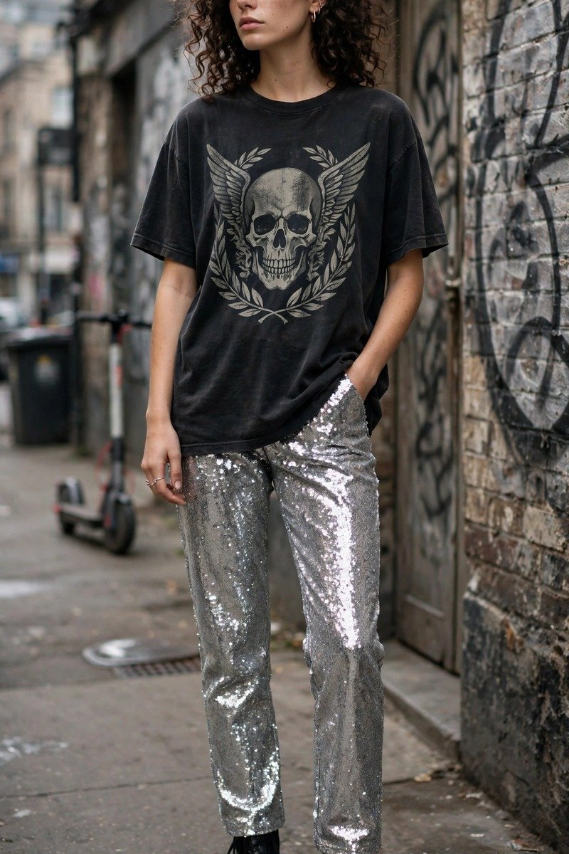 Woman in sequin pants with a band tee and ankle boots