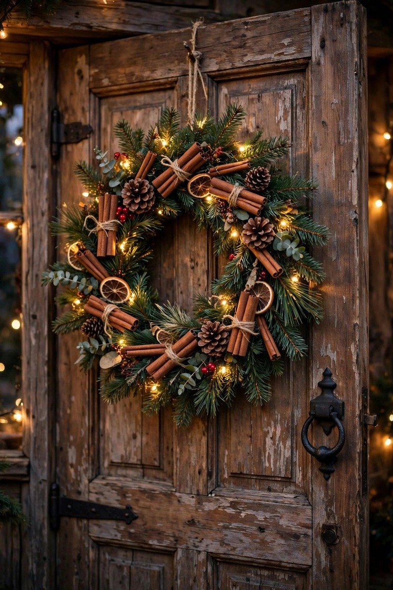 Cinnamon stick and pine Christmas wreath in cozy rustic style