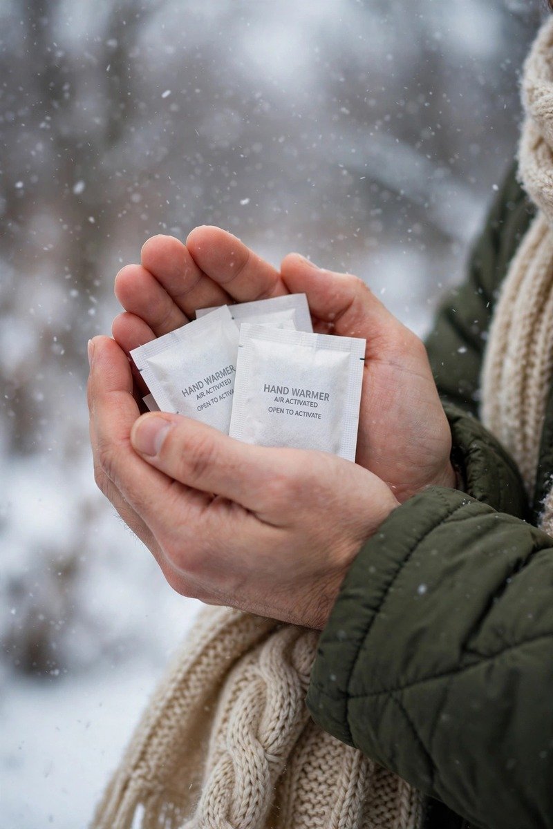 Rechargeable hand warmers held in gloved hands