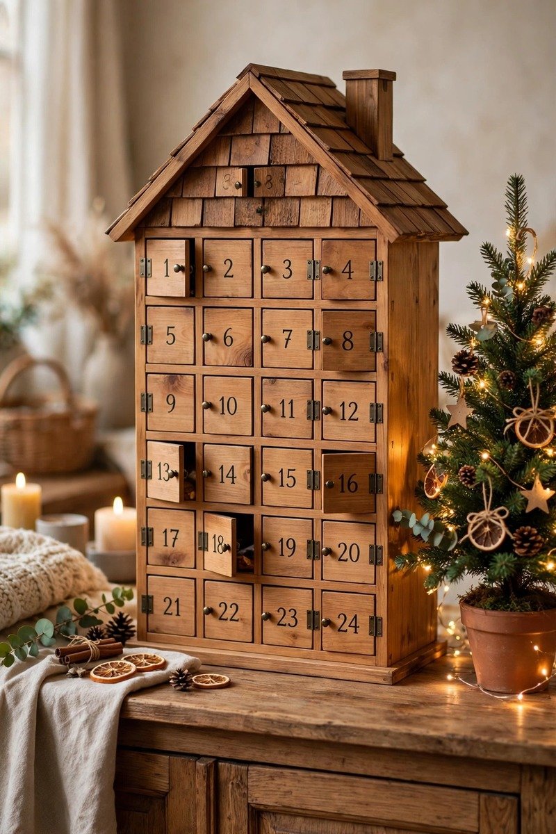 Wooden house shaped advent calendar with small doors