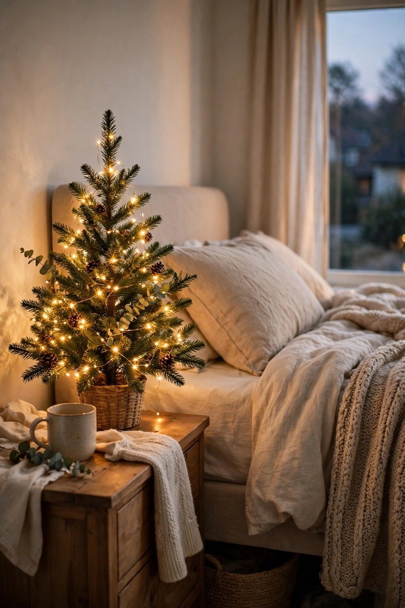 Small Christmas tree on a bedroom nightstand with warm fairy lights