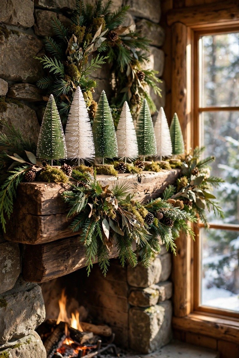 Woodland Christmas mantle with bottle brush trees on the garland