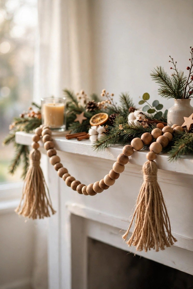 Wood bead garland with tassels draped on a mantel