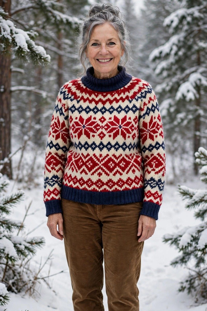 Woman over 50 in a fair isle sweater and corduroys