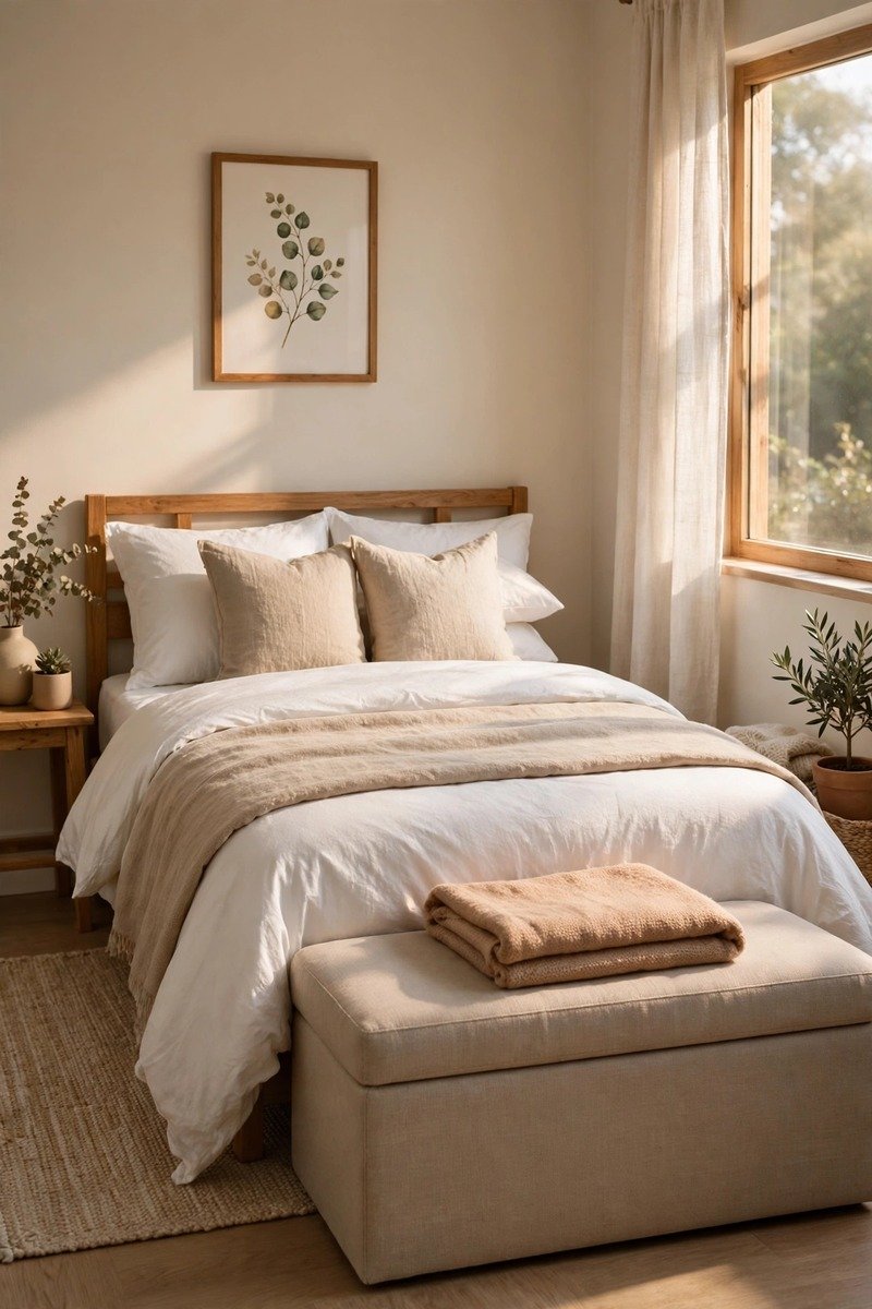 Small bedroom with a storage bench at the foot of the bed