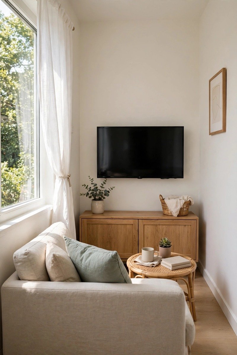 Small living room with a closed tv stand with doors