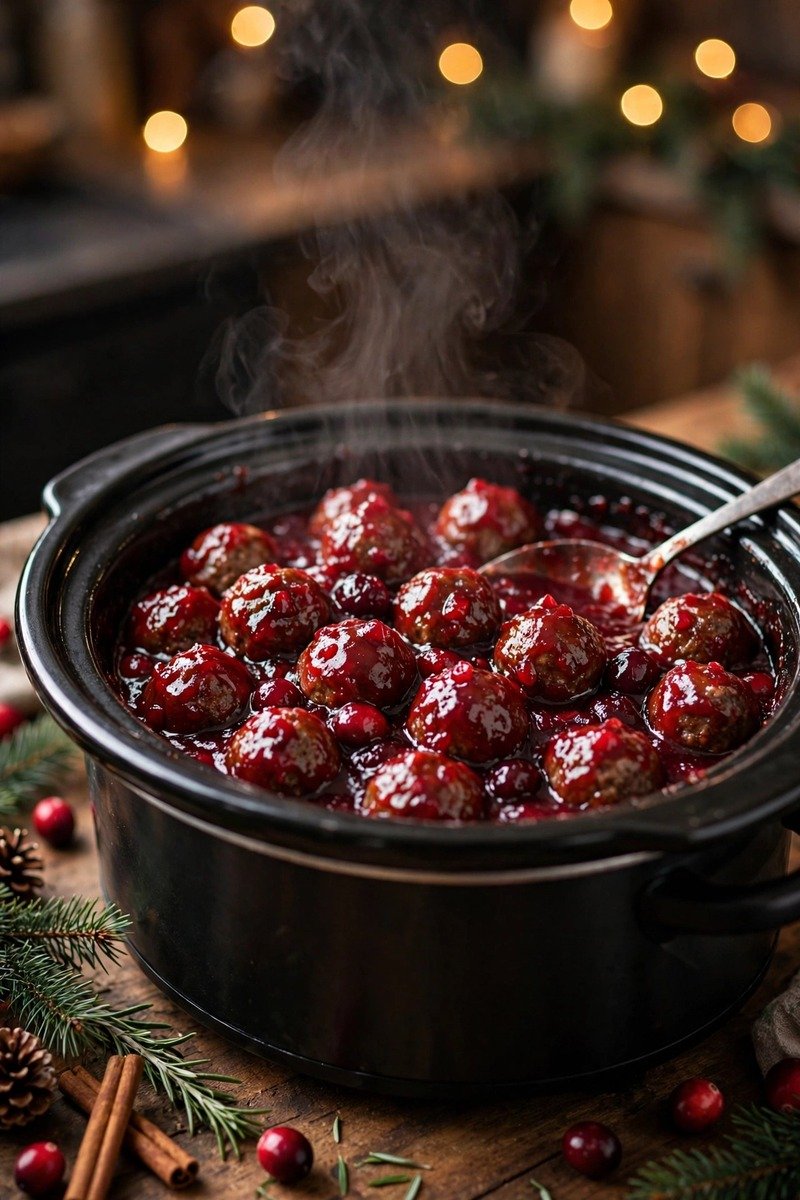 Mini meatballs in cranberry sauce in a slow cooker