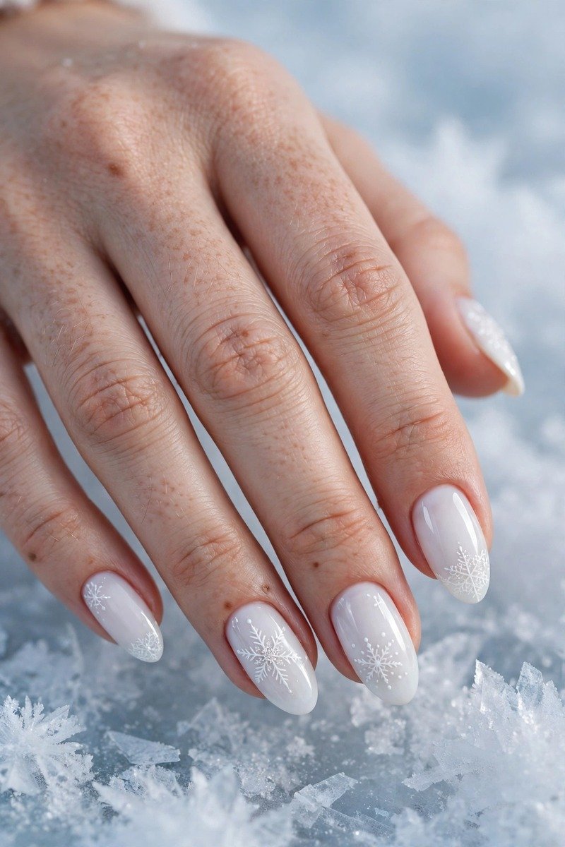 January nails with white snowflake nail art
