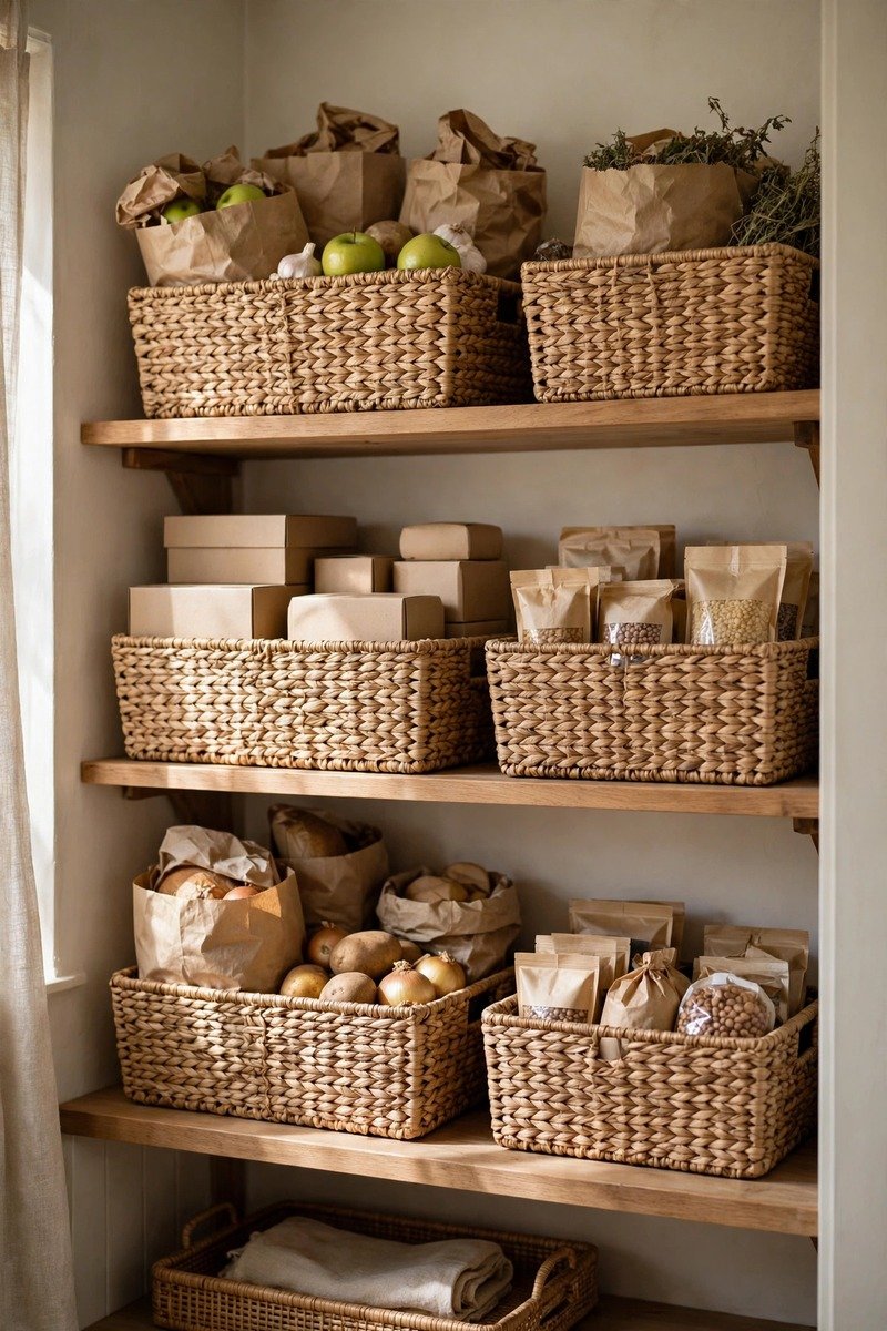 Baskets grouping bags and boxes on a pantry shelf