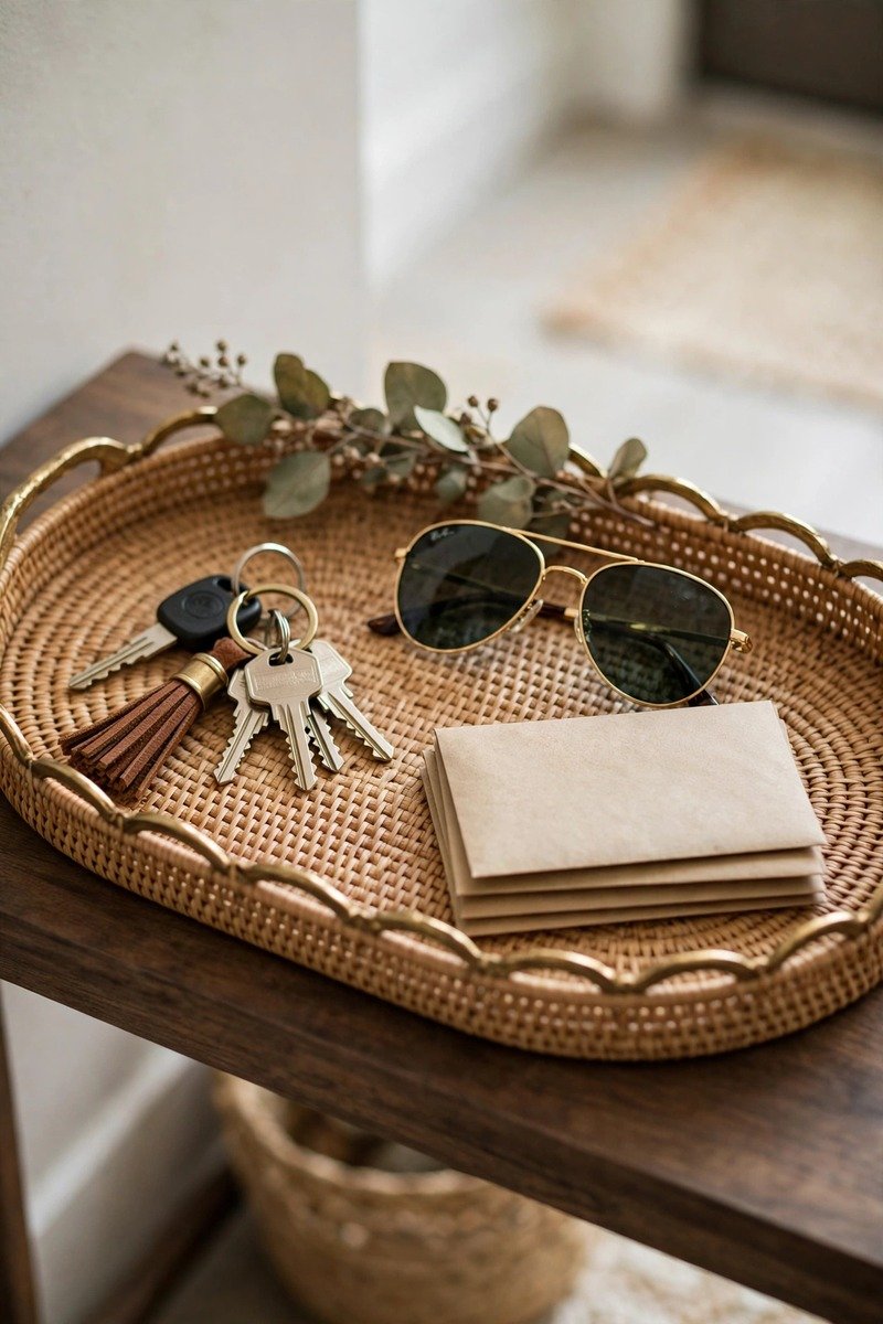 Decorative tray with keys and mail on a console