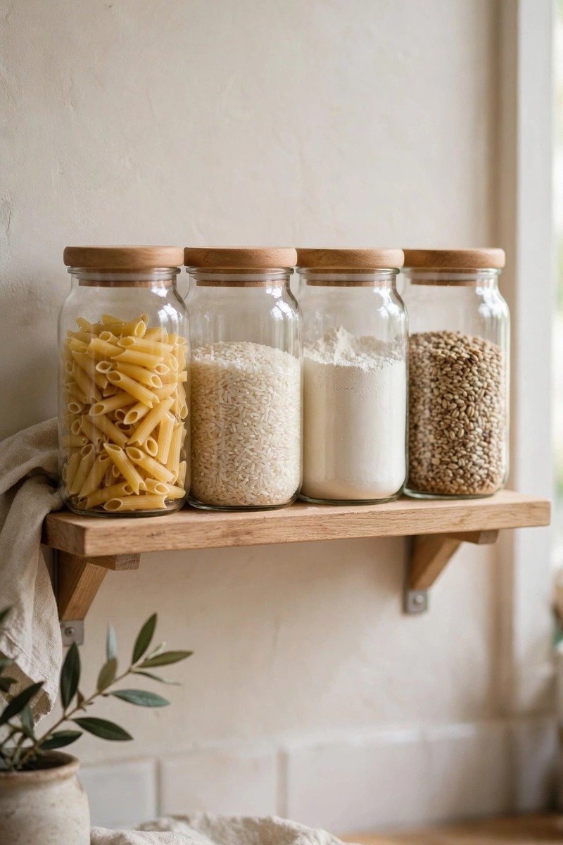 Dry goods in uniform glass jars in a kitchen