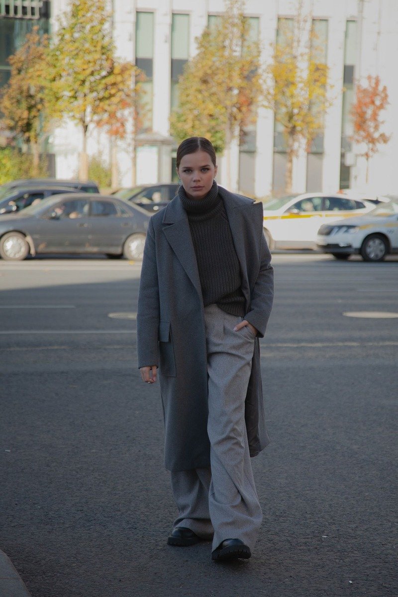 Wide leg trousers with a long coat