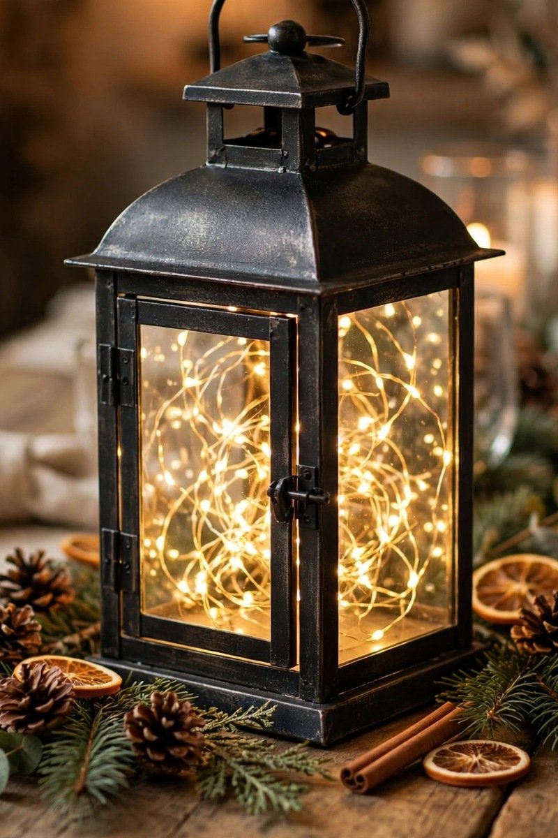 lantern with fairy lights Christmas table centerpiece
