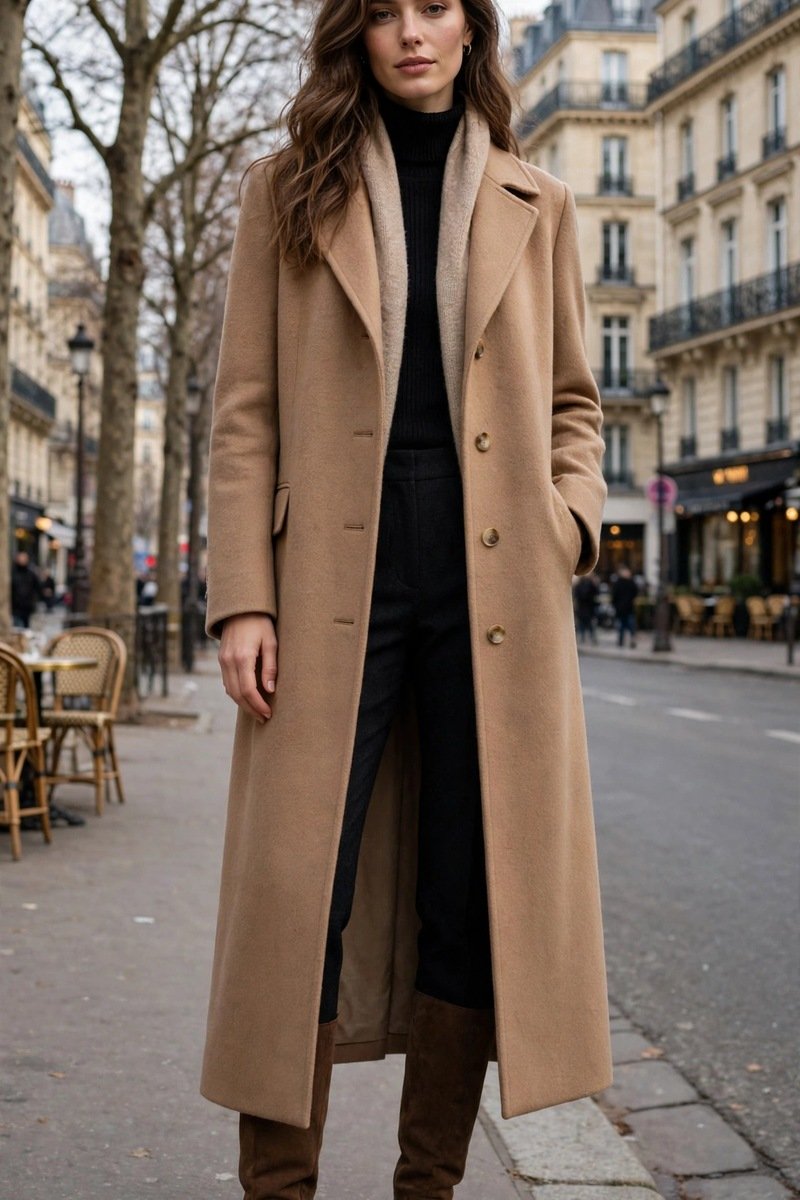 long camel wool coat with brown suede boots and slim pants