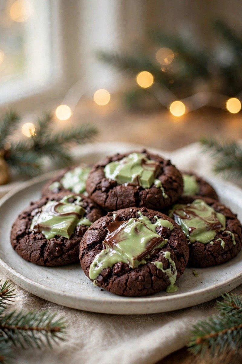 Mint chocolate Christmas cookies topped with melted Andes mints