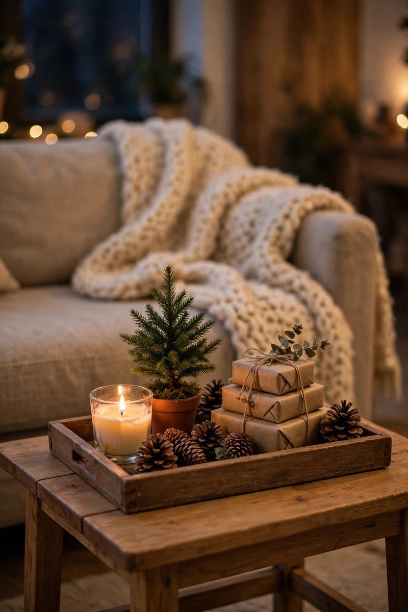 Christmas tray vignette on a coffee table