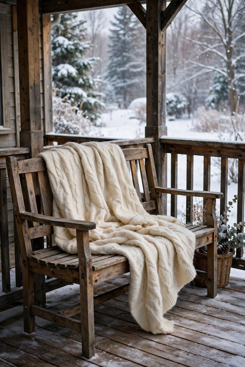 Porch bench with a wool throw blanket