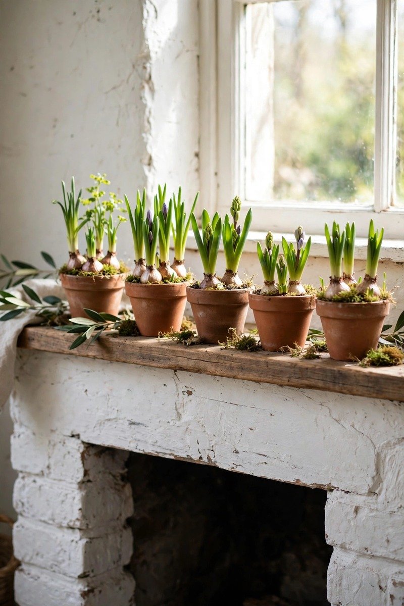 Terracotta pots with bulbs on a mantel