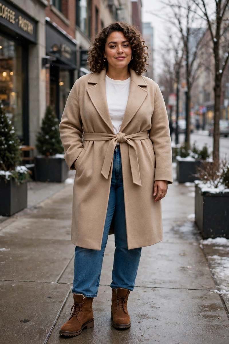 Belted wrap coat with jeans outfit