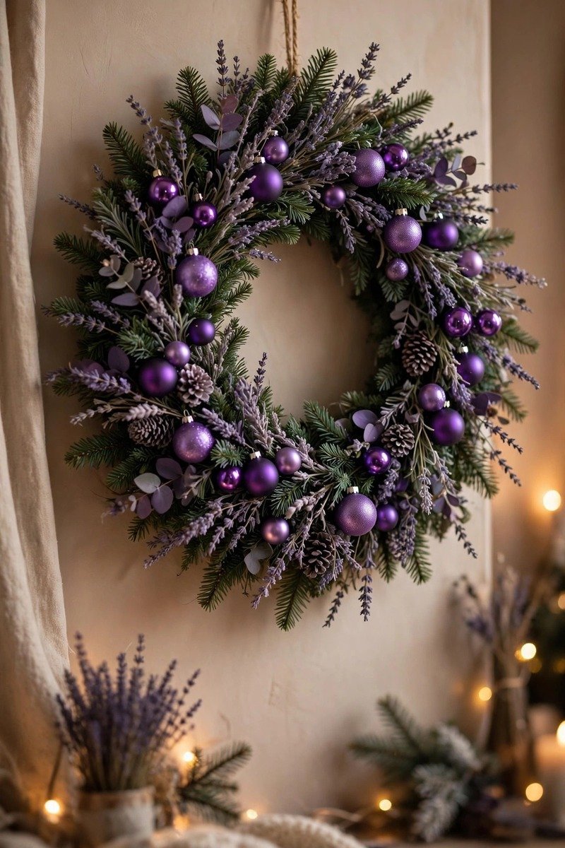 Purple Christmas wreath with lavender accents on an interior wall