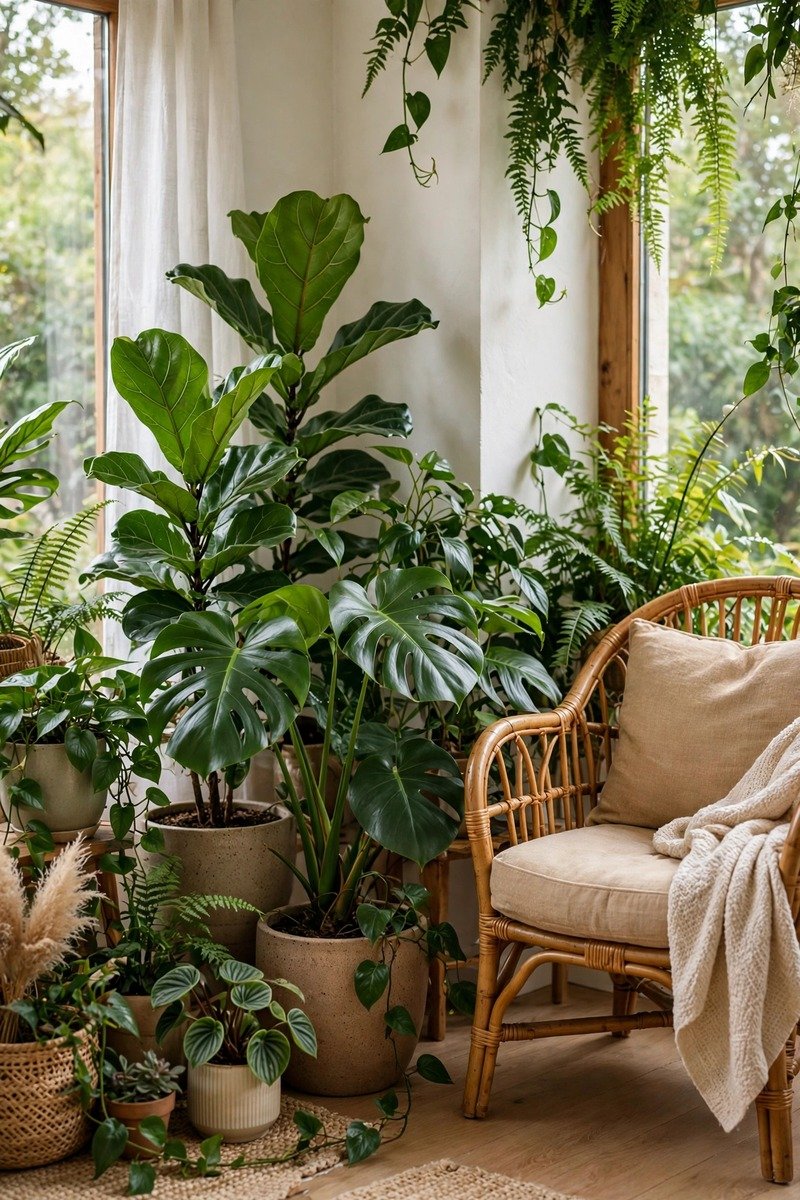 Bright living room corner filled with indoor plants in ceramic pots