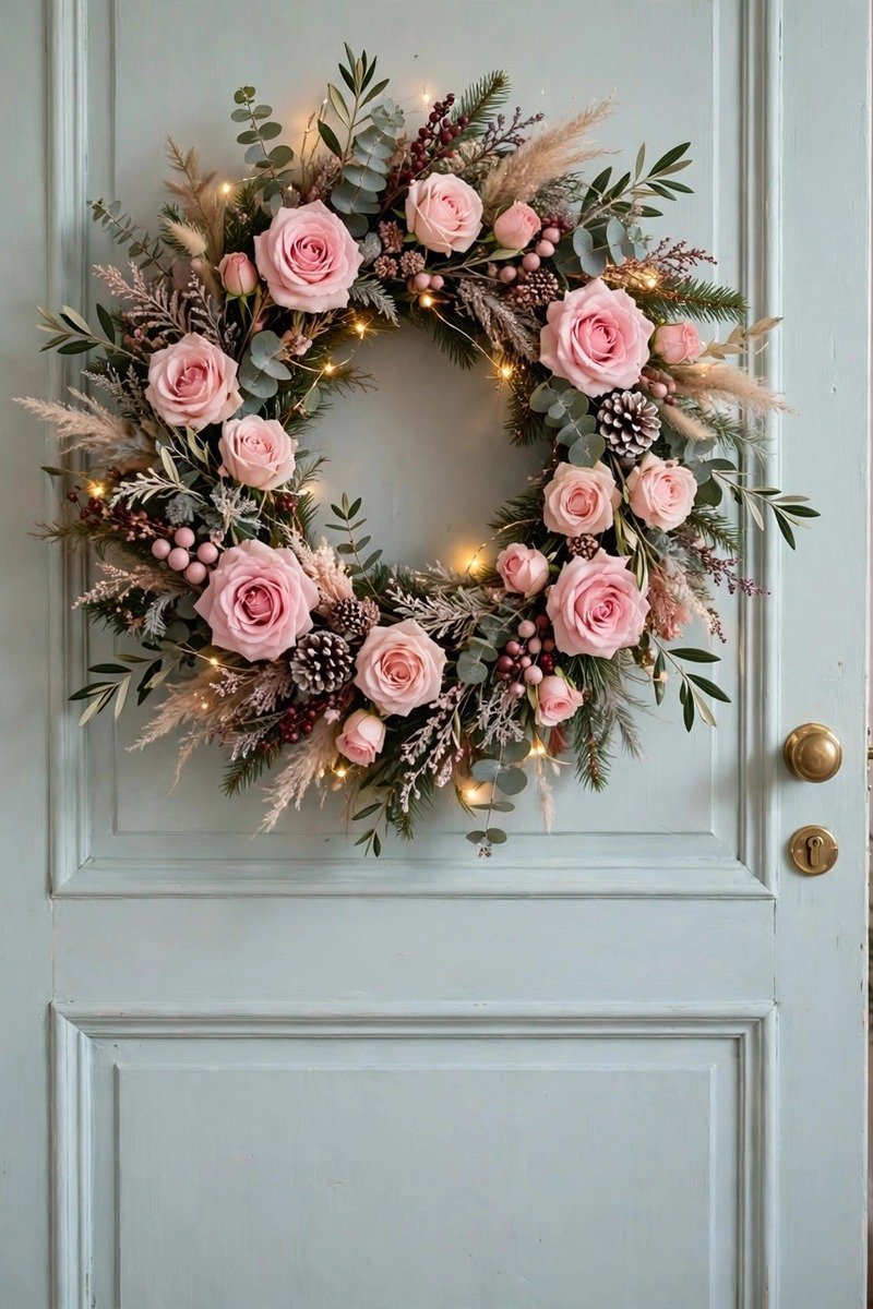 Pink Christmas wreath with roses on a pastel front door
