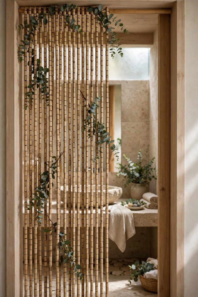Bamboo beaded curtain in a spa-style bathroom doorway with eucalyptus