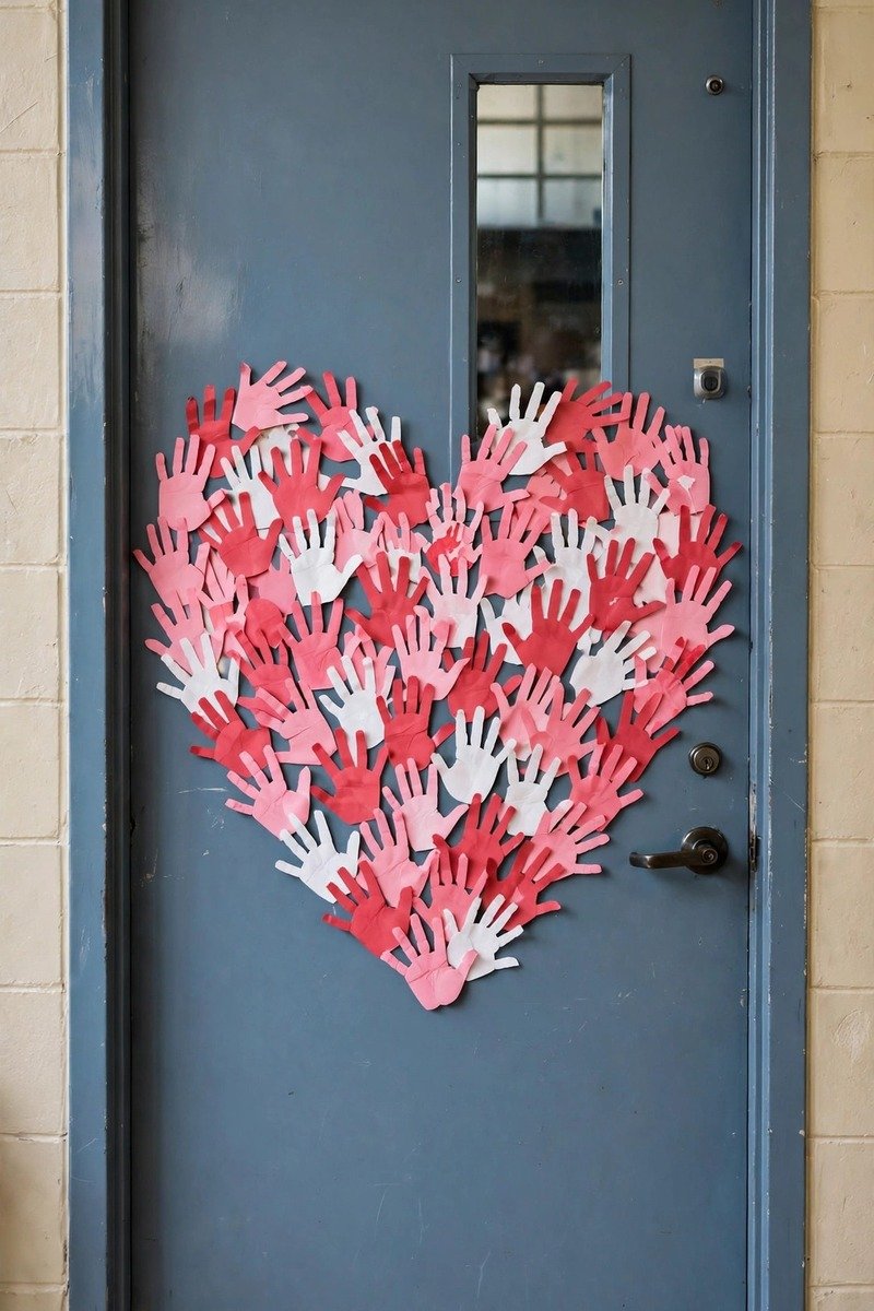 Classroom door with student handprints arranged as hearts