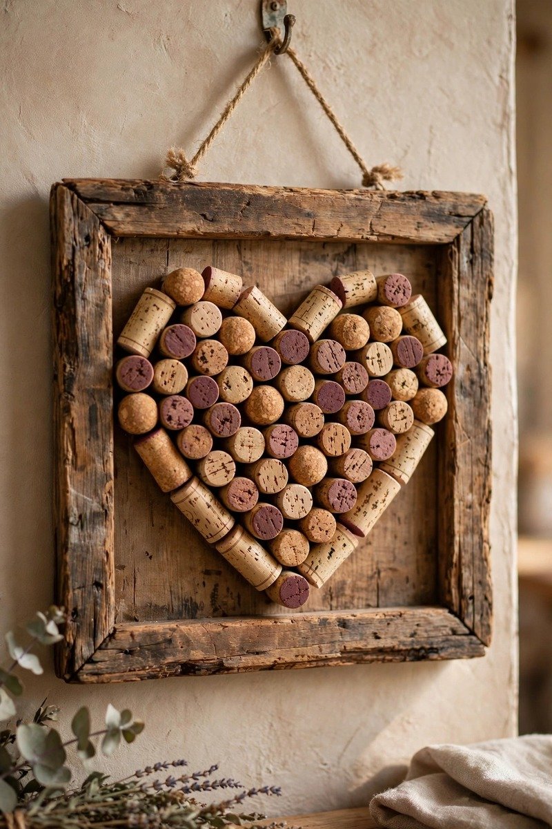 Heart shape made from wine corks in a frame