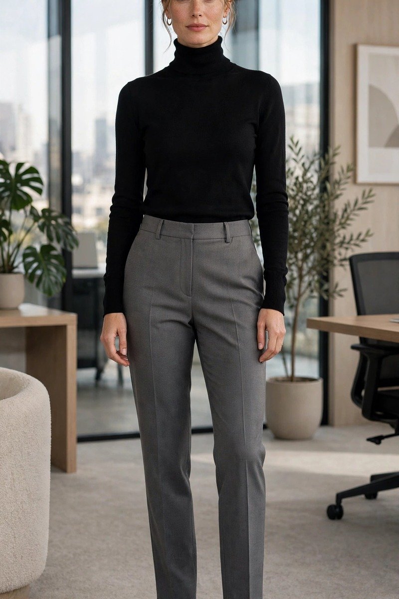 Woman in black turtleneck and grey trousers